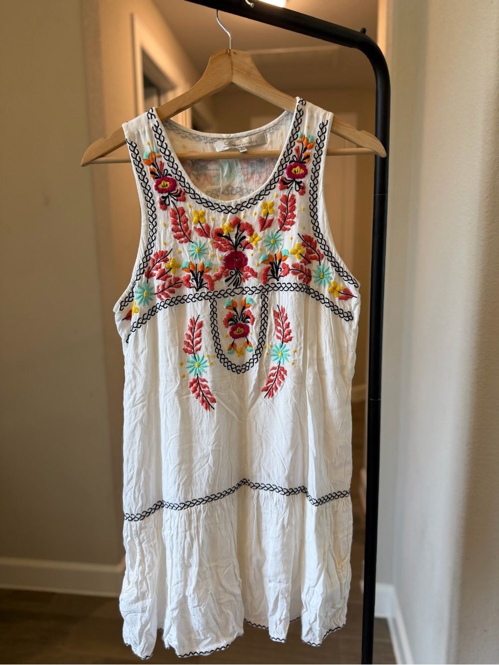 Lovers + Friends White  White Gauze Tank Dress Boho Embroidered Floral Accents S